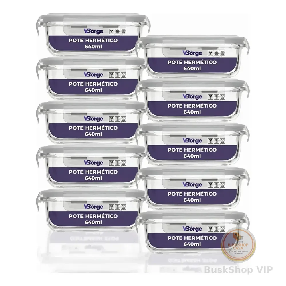 Kit 10 Marmitas De Vidro 640ml Potes Com Tampa Hermética 4 Travas Transparante