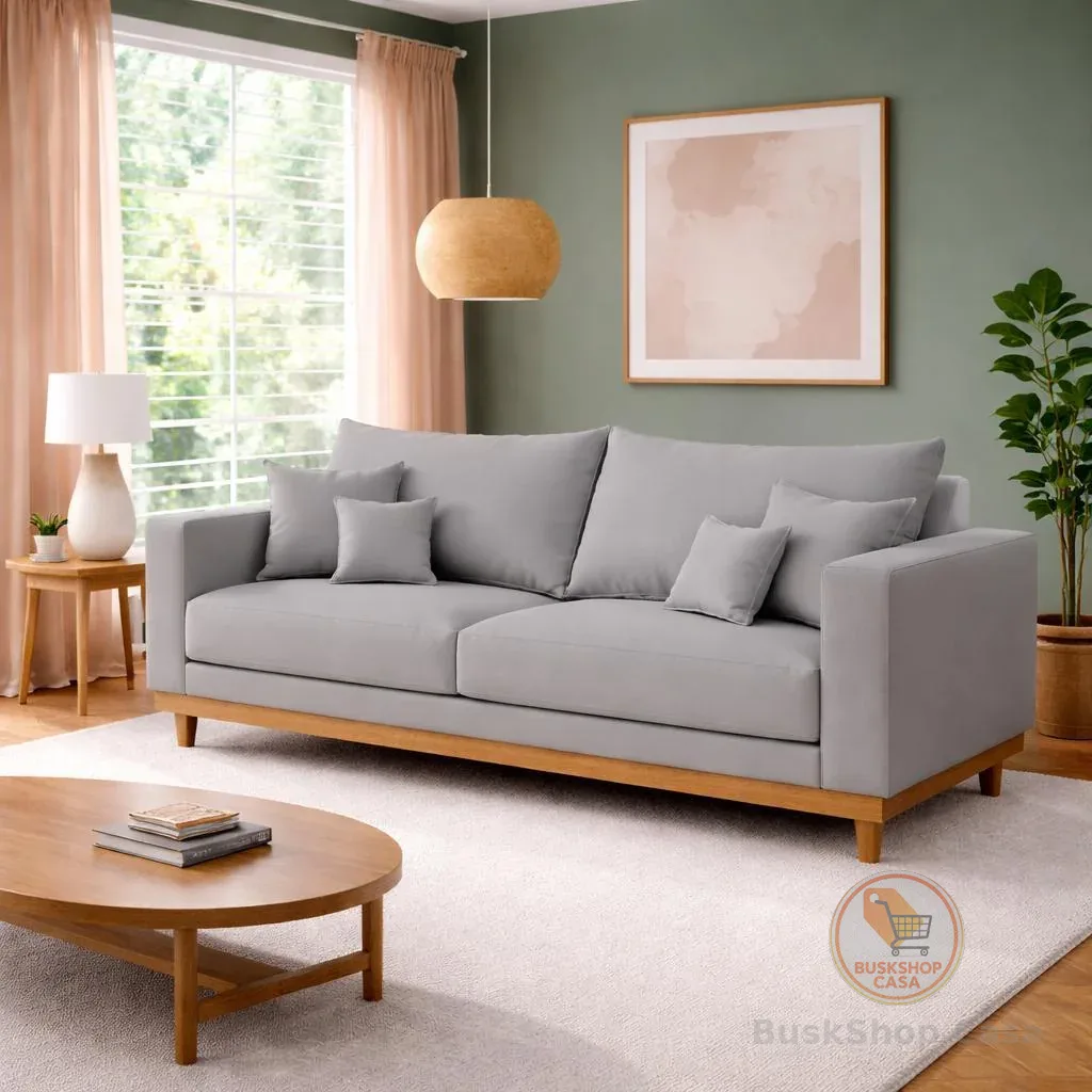 Sofá 3 Lugares Living Com Base Madeira Linho Balaqui Decor