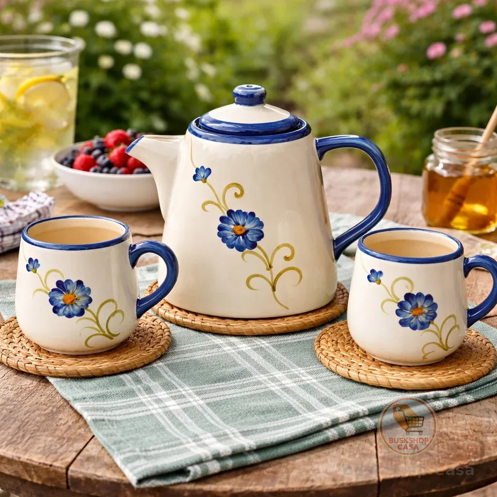 Jogo de Chá Cerâmica Floral Azul e Branco com Bule e Xícaras | Conjunto para Café e Chá | Kit Elegante para Mesa Posta