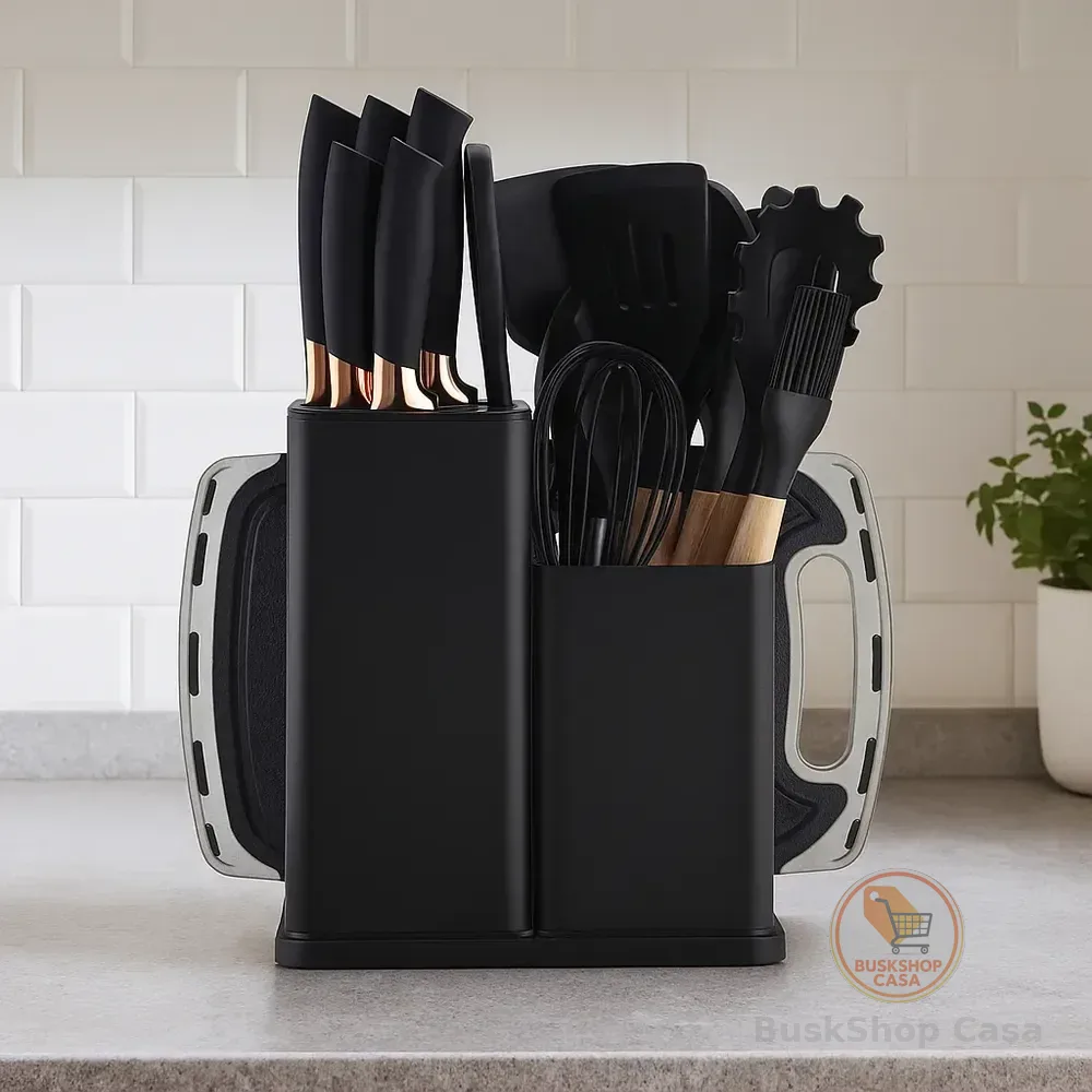 19 Peças Kit Utensilios Cozinha Tábua Em Silicone Espátula Preto