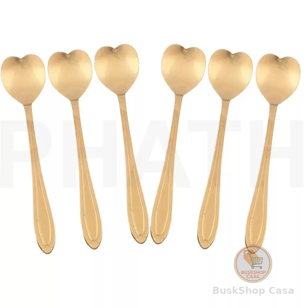 Kit Jogo 6 Colheres Café Chá Coração Sobremesa Inox Dourada