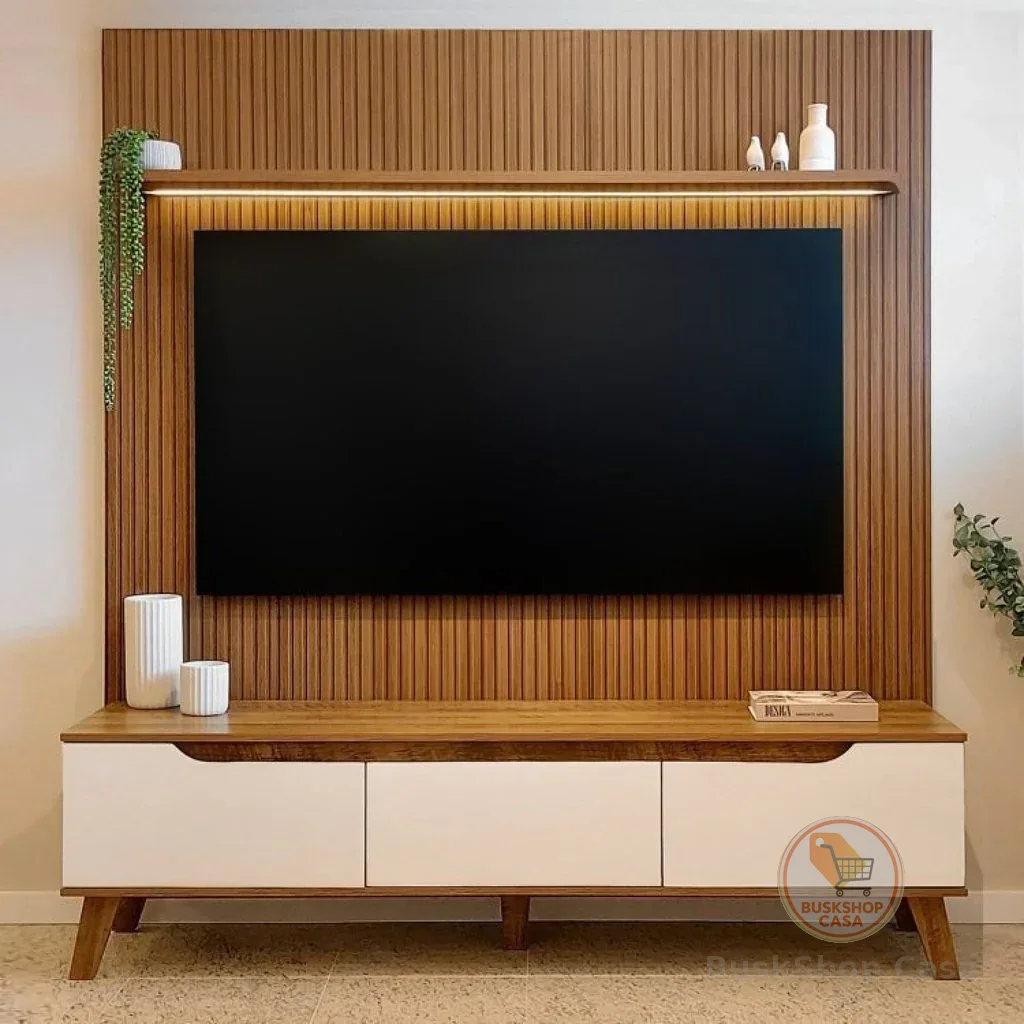Rack com Painel Ripado para TV até 75 Polegadas com LED MDF 185,5CMX183CM Impressão Ripada 3D Liverpool Marrom