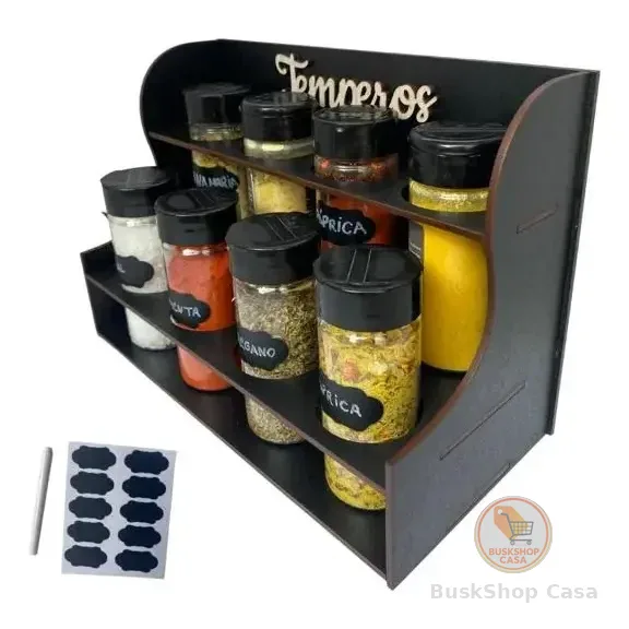 Porta Temperos E Condimentos Luxo 8 Potes Mais Etiquetas Preto