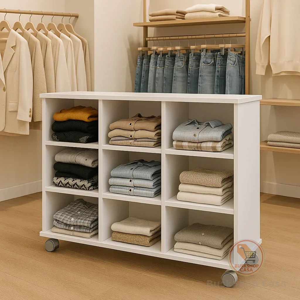 Móvel Expositor organização Closet para Loja de Roupas 9 Nichos com Rodinhas Branco Estante