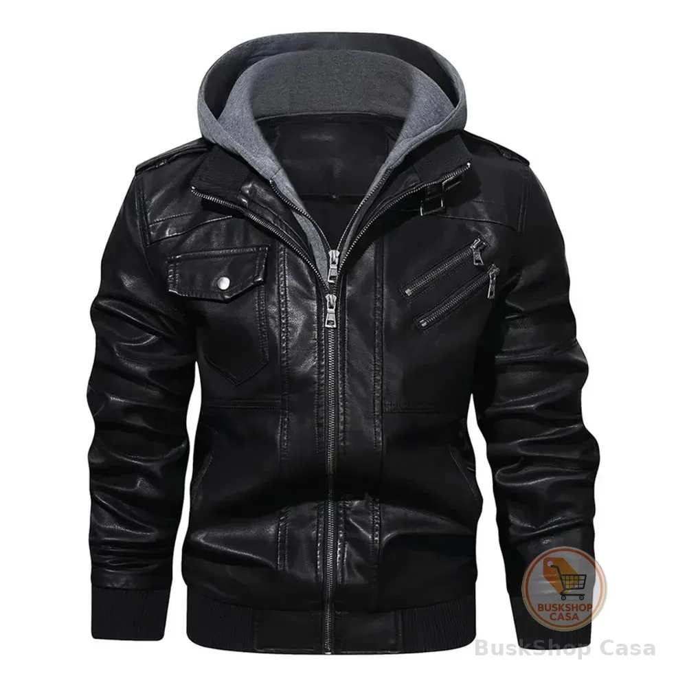 Jaqueta De Couro Sintético Com Capuz Masculina Casual Black S Lisa