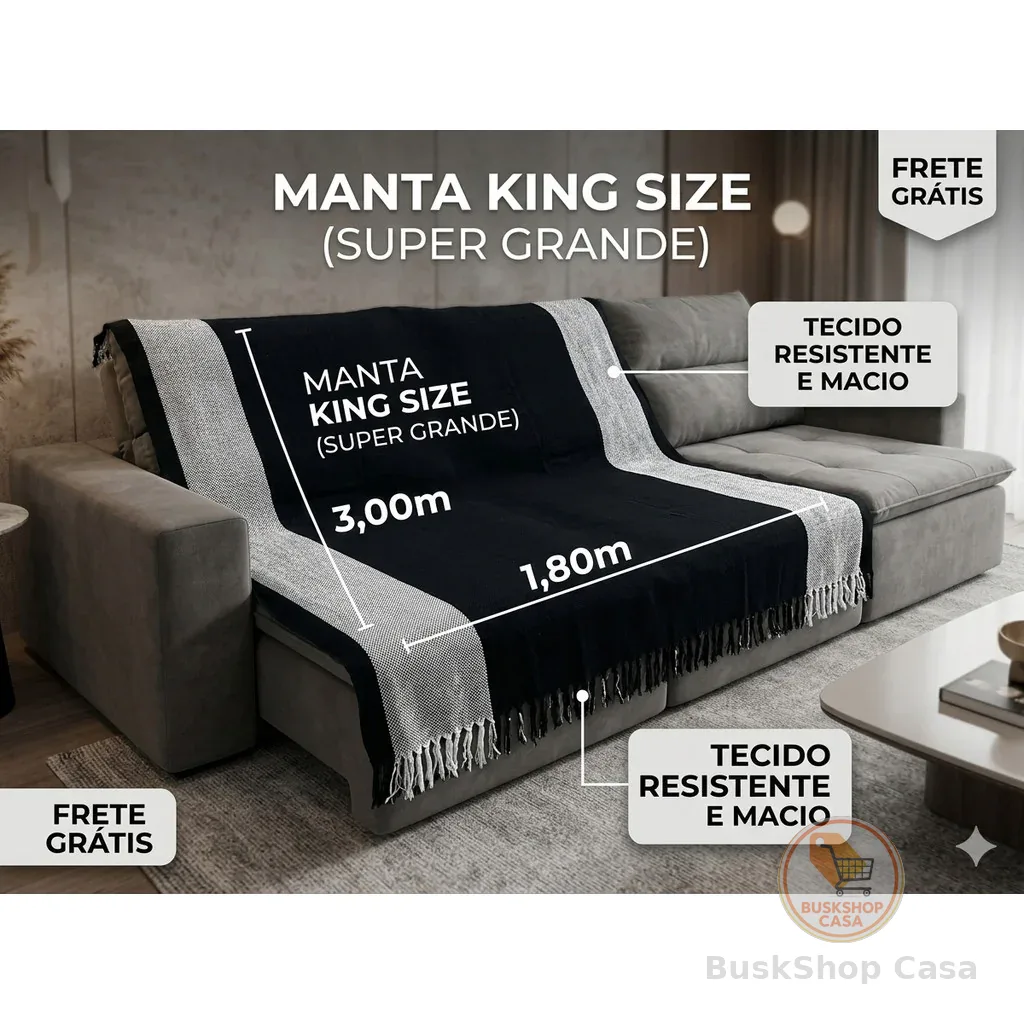 Manta King  3,00M x 1,80M Sofá Grande Grossa Decoração Sala Protetora Decorativa Colcha Coberta
