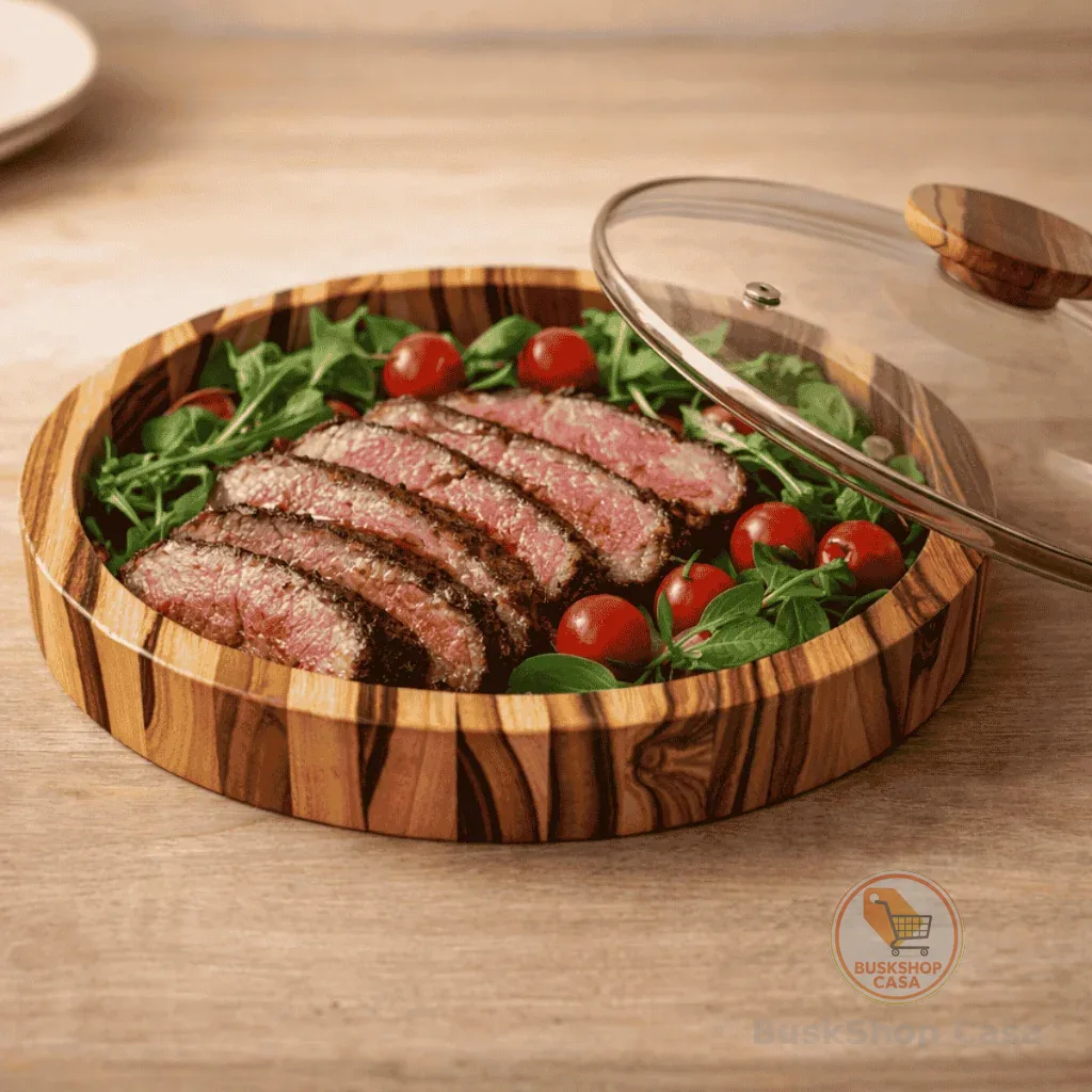 Saladeira Gamela  Redonda Madeira 27Cm Churrasco Tampa Vidro
