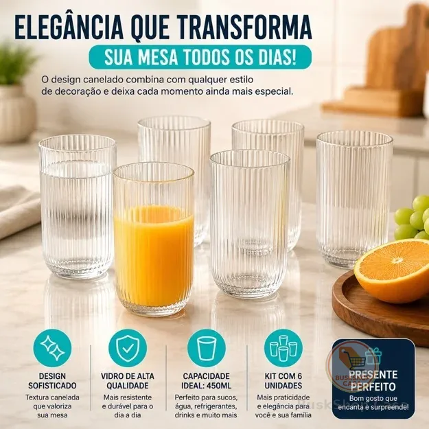 Jogo 6 Copos Canelado 450ml Transparentes Elegantes Para Suco Água Grafiato Mesa Posta Luxo