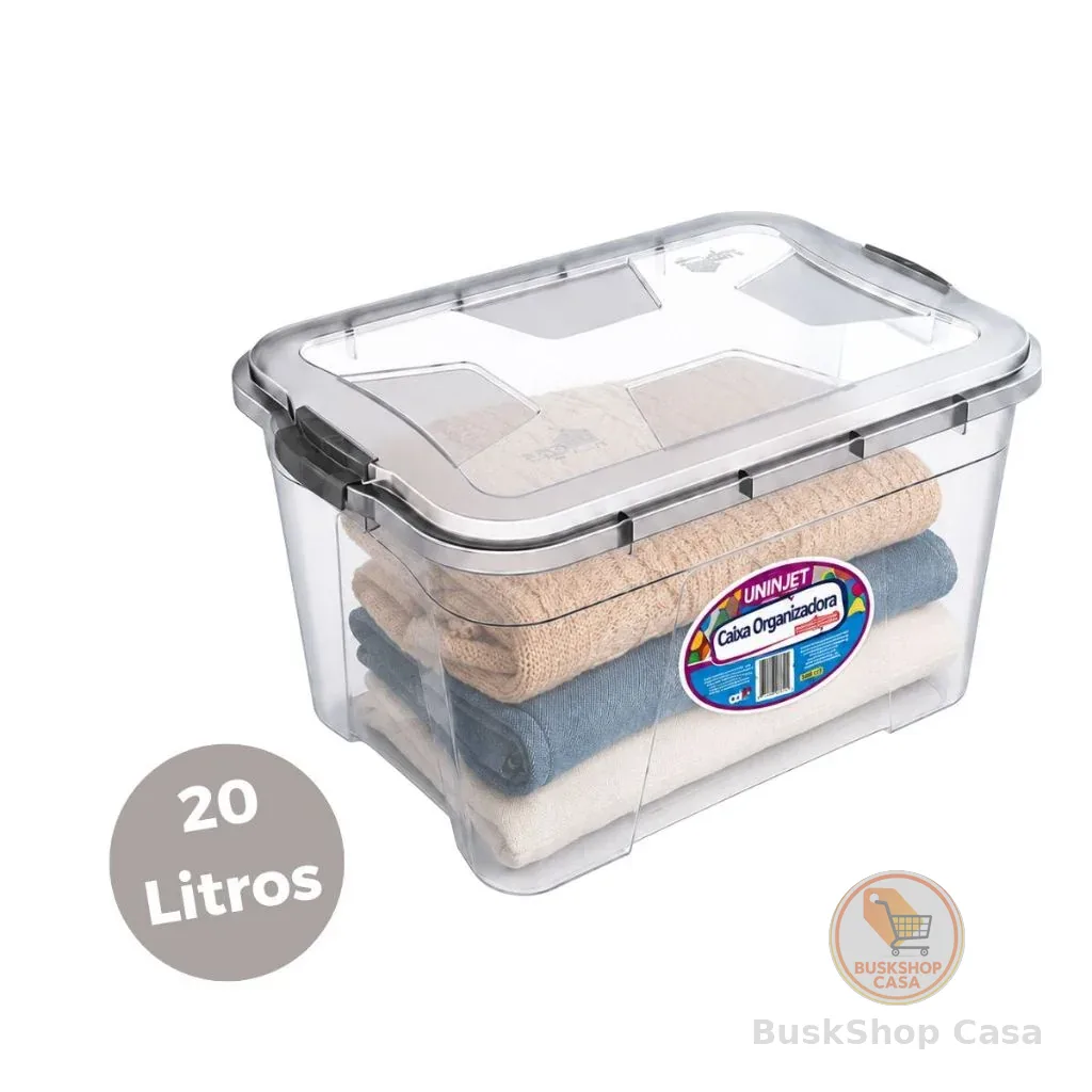 Caixa Organizadora 20 Litros Multiuso plástico transparente tampa Armazenamento Grande 42x27x28