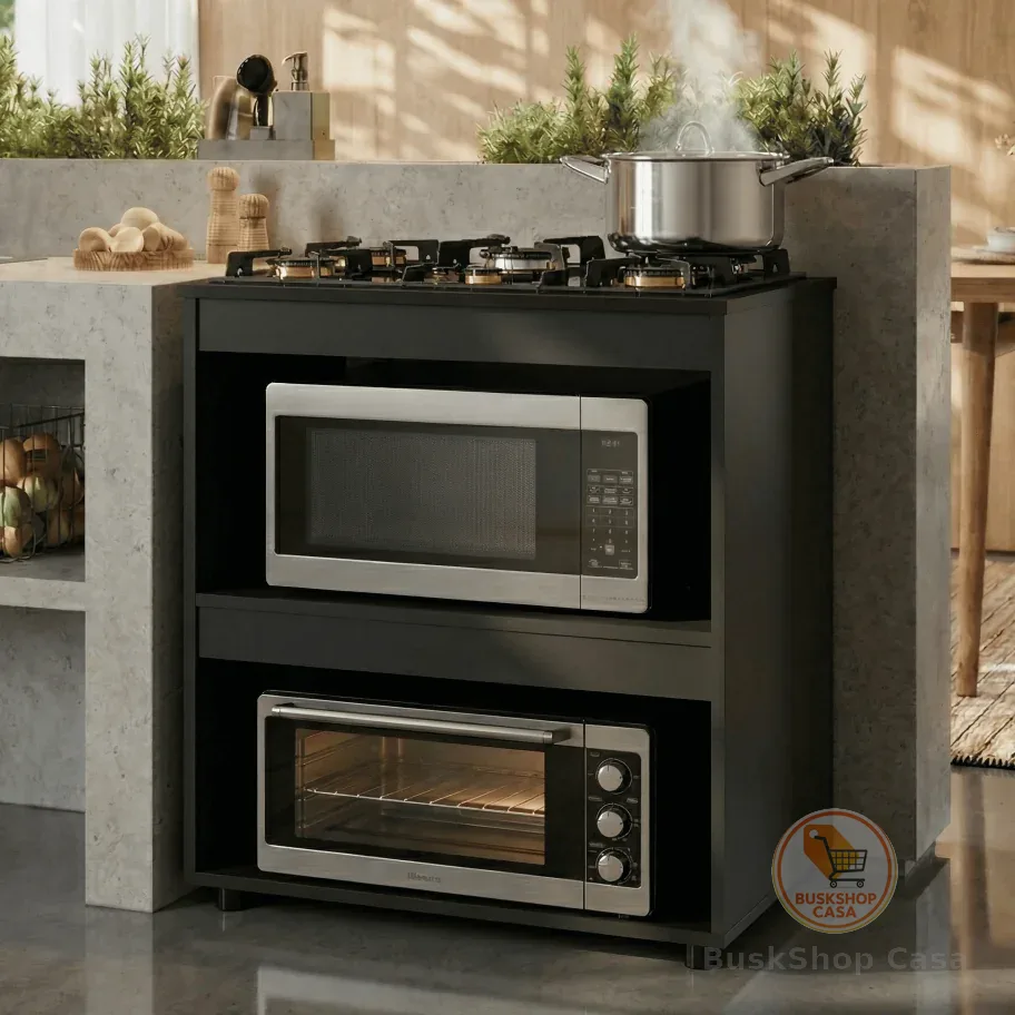 Balcão p/ Cooktop 4 ou 5 Bocas Cozinha Moderna Madeira Armário 2 Nichos Organizador Tampo Blue Moby