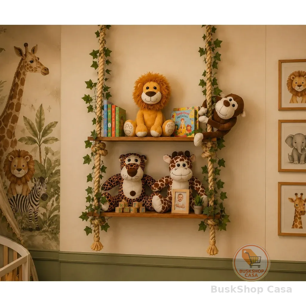 Prateleira safari dupla 60cm com cordas, folhagens e acabamentos de teto/parede -(PELÚCIAS  NÃO INCLUSAS)