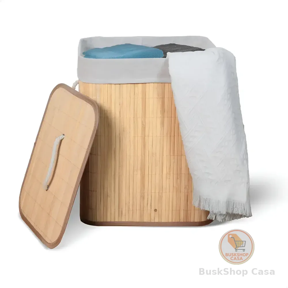 Cesto De Roupa Suja De Bambu Com Tampa E Alças 50 Litros Kontuz Natural