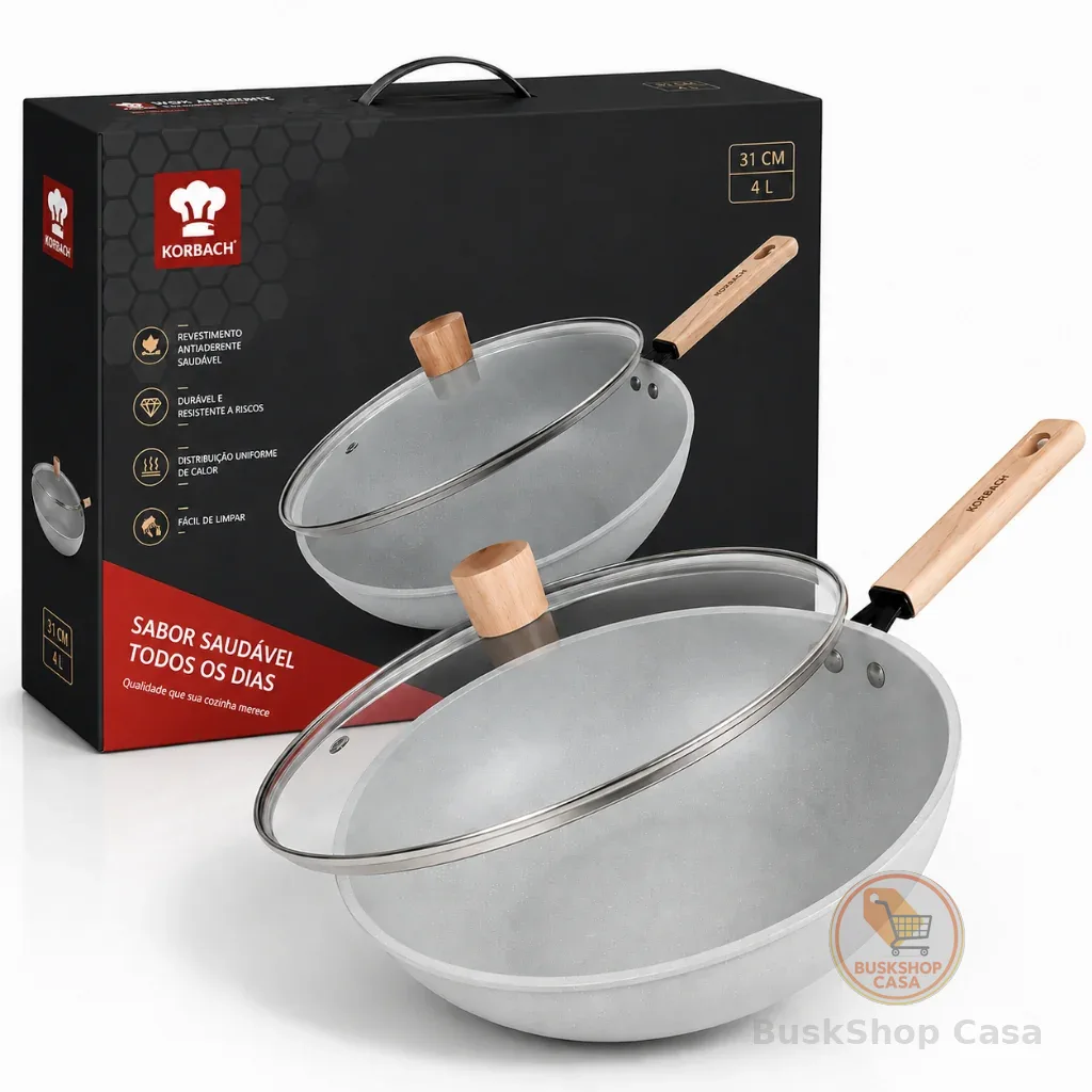 Frigideira Cerâmica Premium 31cm Antiaderente + Tampa Vidro + Cabo Madeira – Entrega Rápida