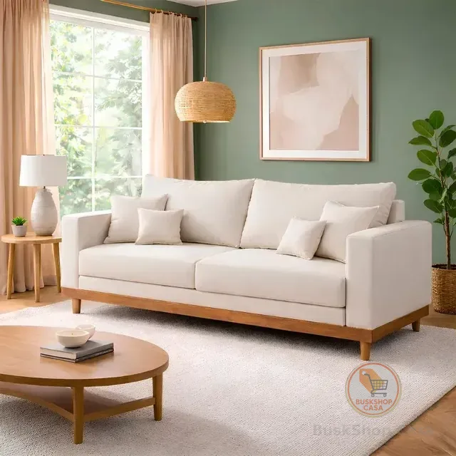 Sofá Living 3 Lugares Suede Resistente Madeira + Almofadas
