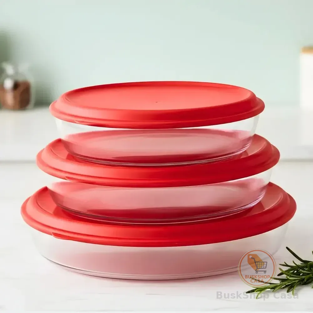 Kit Assadeiras Vidro Tampa 3 Peças Casa Cozinha Ruvolo Vermelho