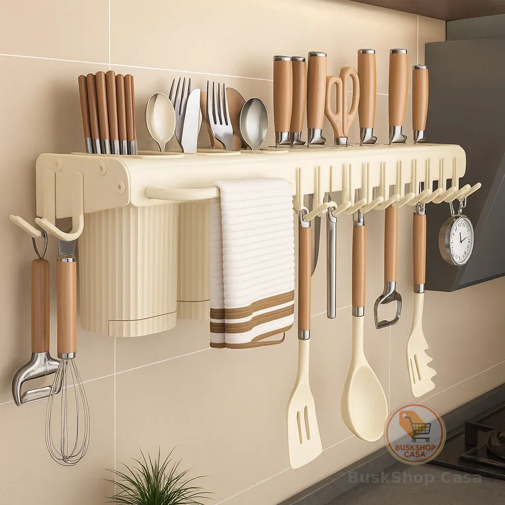 Porta Facas Prateleira Rack para Cozinha de Parede 50cm com Ganchos Toalheiro Organizador Facil de Limpar