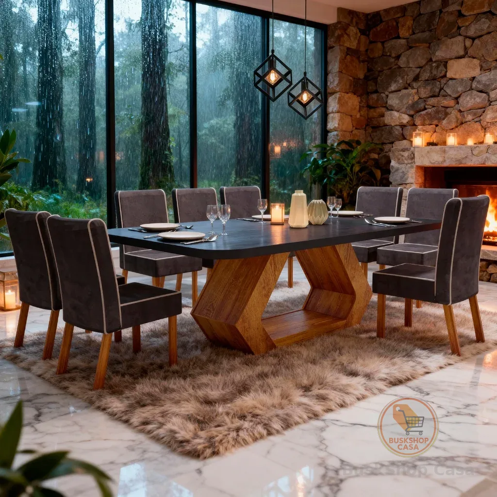 Sala de Jantar 220x110 Lottus MDF/Vidro 8 Cadeiras Bom Pastor