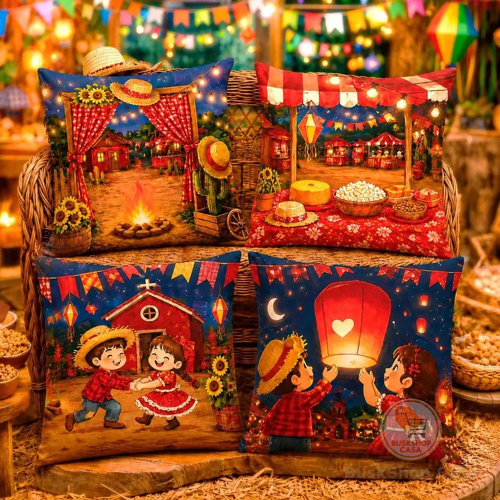 Kit 4 Capas de Almofada Tema Festa Junina 40x40 Zíper Enfeite Decoração