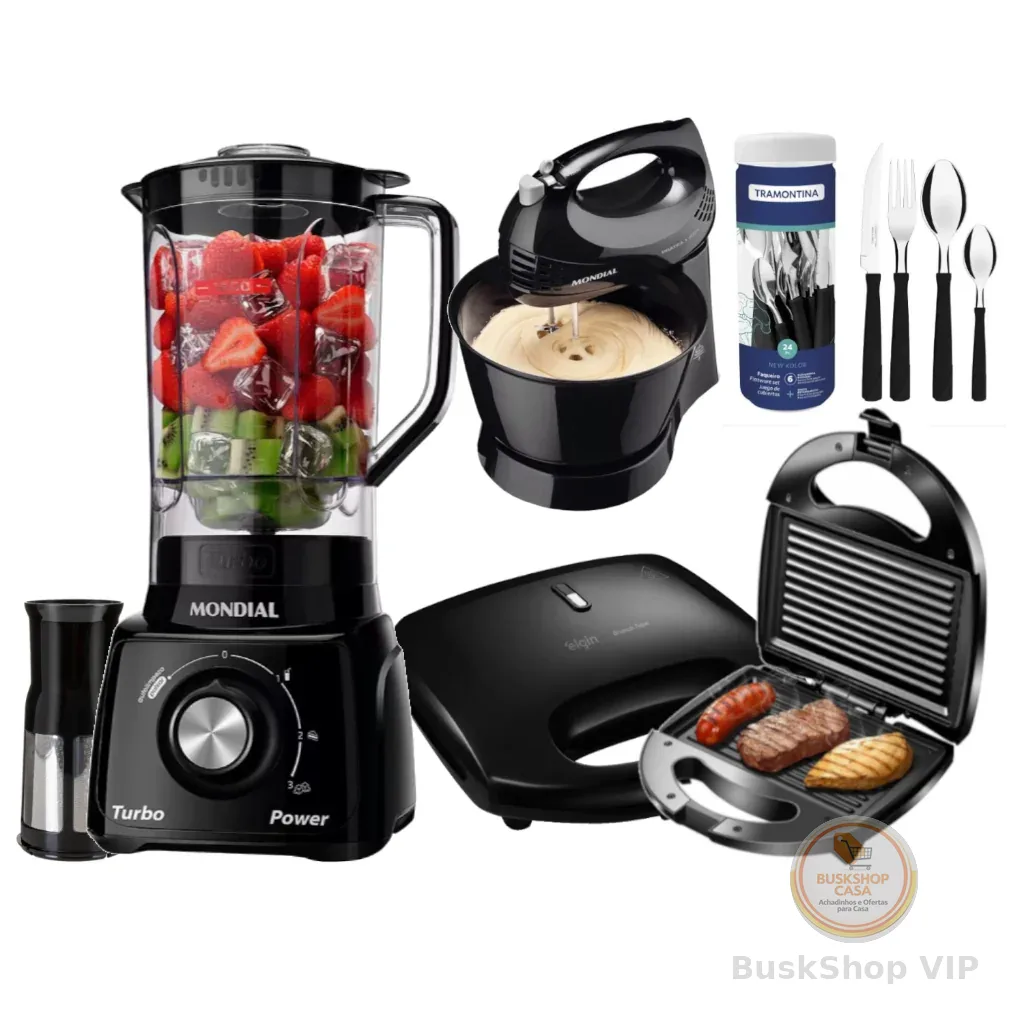 Kit Sanduicheira Grill + Liquidificador Mondial + Batedeira Facas Preta 220v / 110V