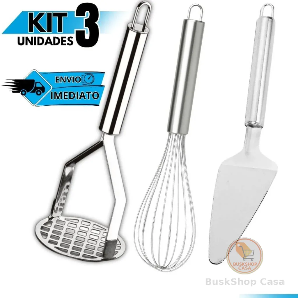 Kit Cozinha 3 Peças: Amassador de Batatas Inox + Fouet + Espátula de Bolo Utensílios Domésticos