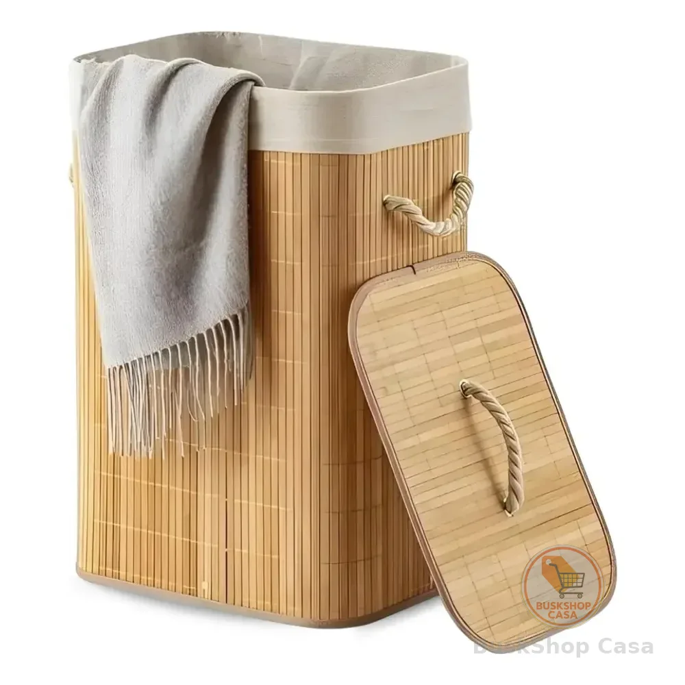Eps-3903 Cesto Roupa Bambu Retangular Dobrável Com Tampa Alças 60l Bege