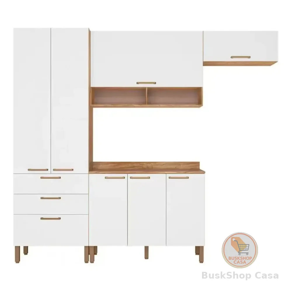 Cozinha Compacta Bartira Veneza 7 Portas 3 Gavetas - Damasco/branco Fosco