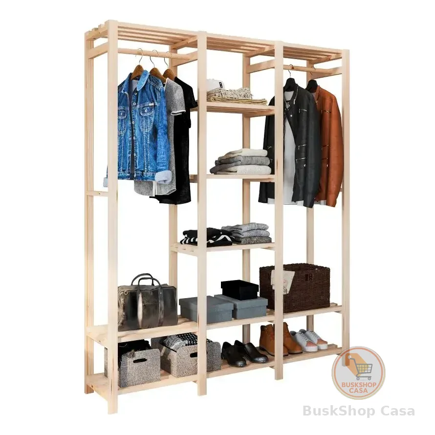 Closet Aberto Guarda Roupas Arara Cabideiro Com Prateleiras Natural