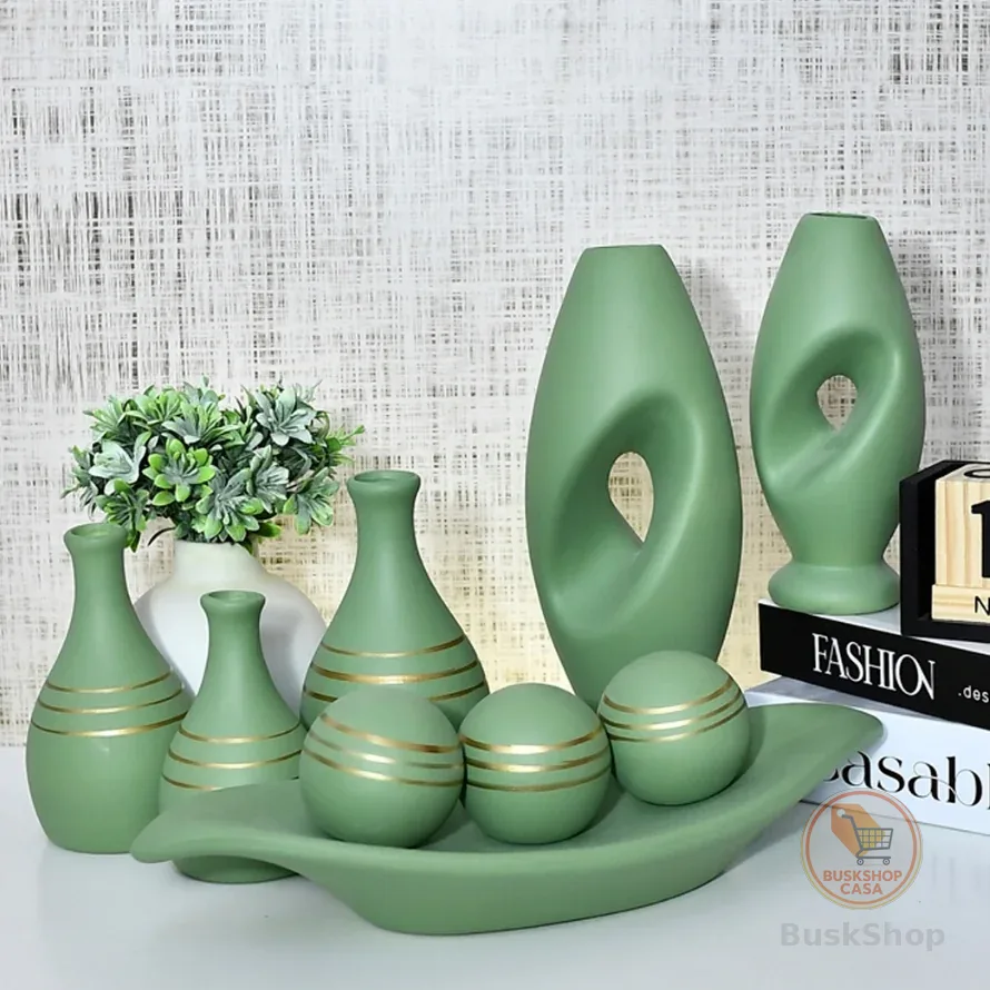 Vasos 9 Peças Kit Enfeites Cerâmica Sala Conjunto Elegante Decorativas Trio Rack Centro Mesa Cozinha
