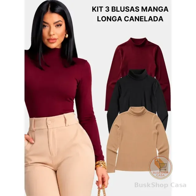 Kit 3 Peças Manga Longa Feminina Blusa De Frio Gola Alta