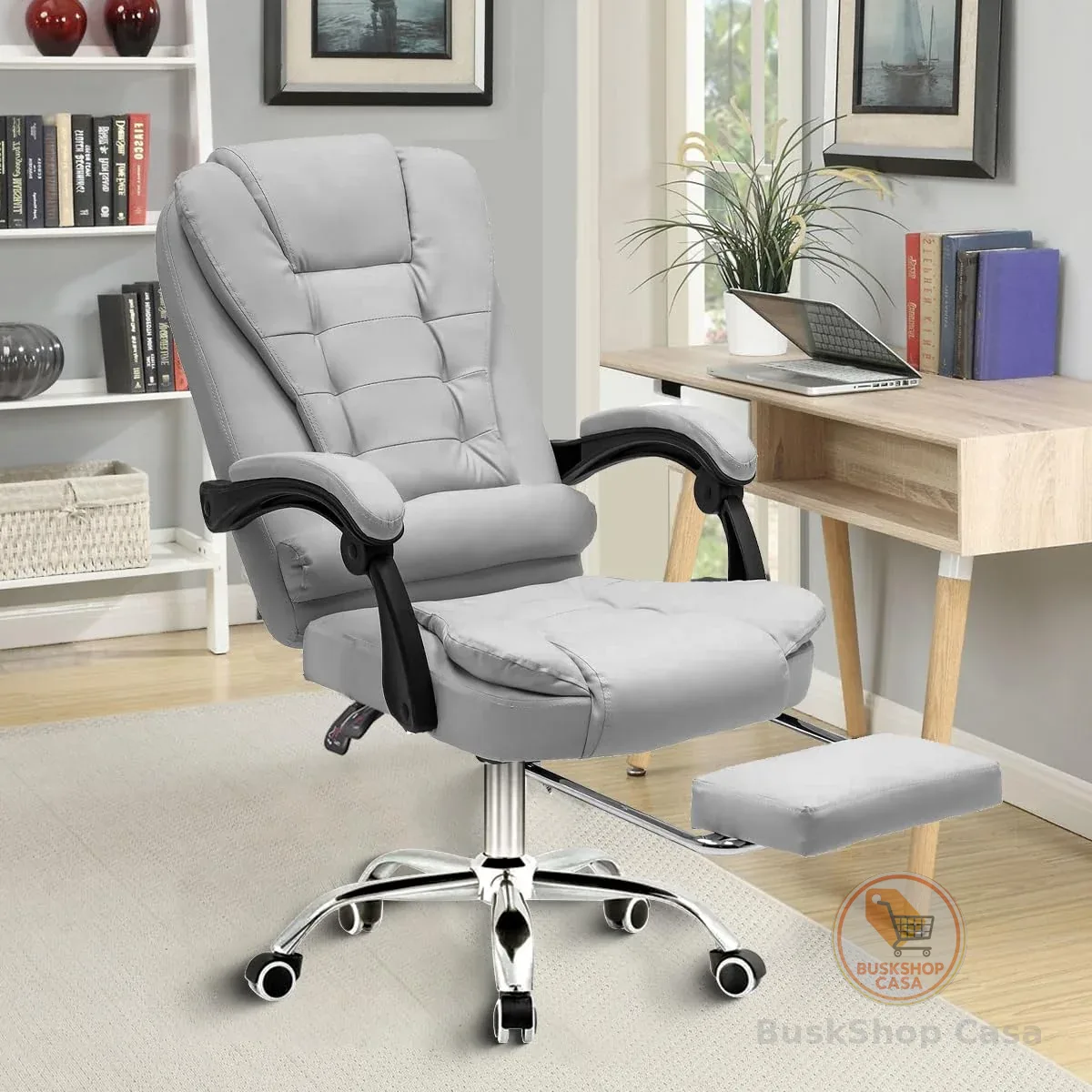Cadeira de escritório presidente, cadeira de home office com apoio para os pés e encosto ajustável (Cinza)