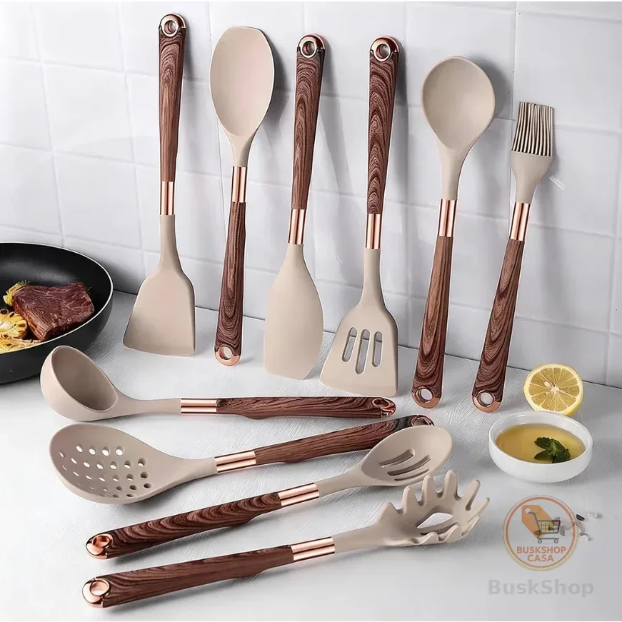 Kit Utensílios Cozinha Silicone 11 Peças Cabo Madeira Não Risca Panela Jogo Completo Com Suporte