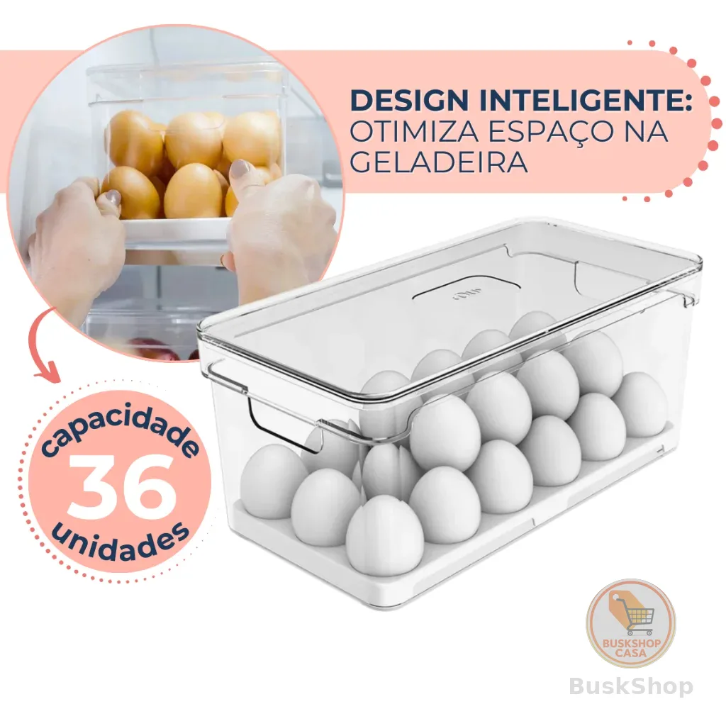 Porta Ovos 36un Organizador de Geladeira Com Tampa Bandeja Acrílico Ou