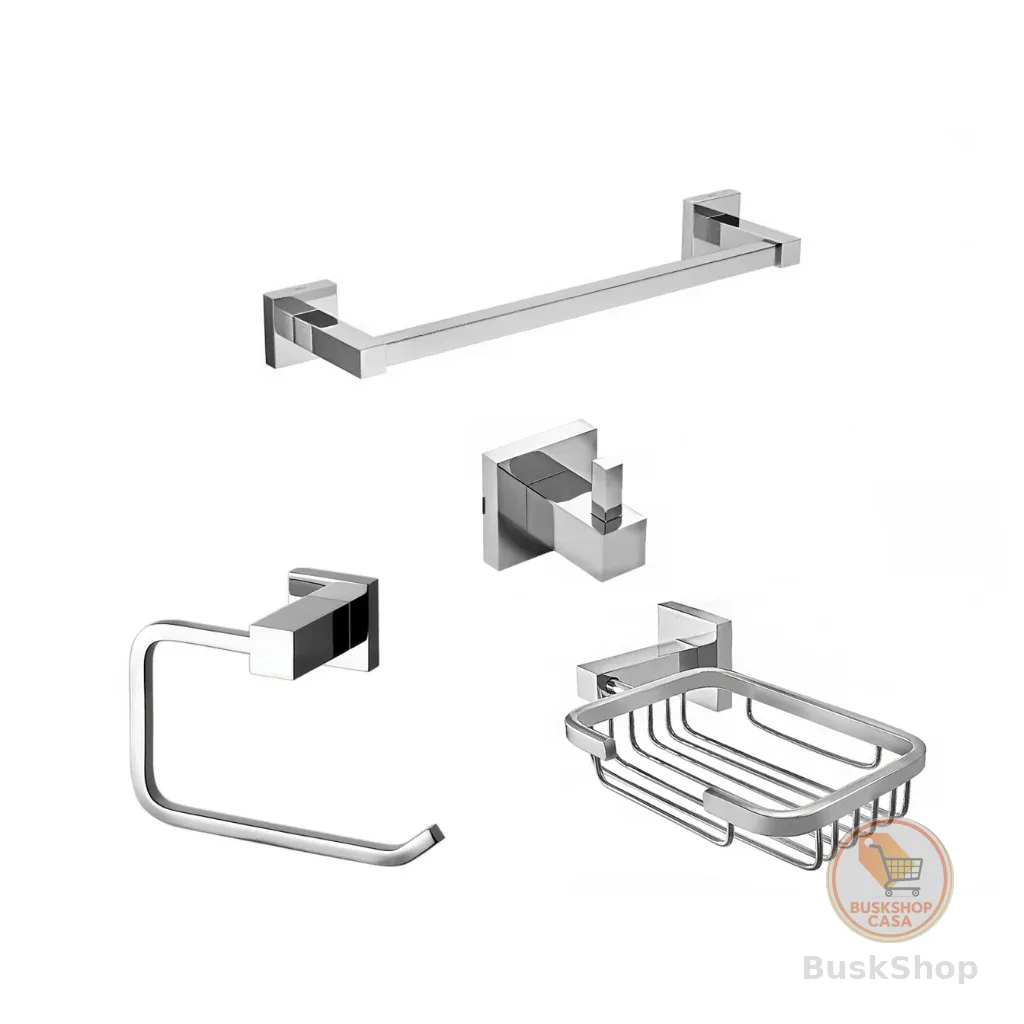 Porta Toalha de Rosto 30cm + Porta Papel Higiênico Metal + Cabide Inox + Saboneteira Cesto Inox