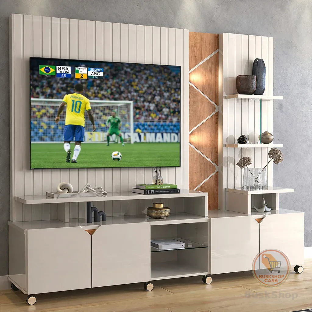 Rack Home Estante Para Tv 55" Lukaliam Móveis Home Cross Frisado 2,10m Off White Jequitiba