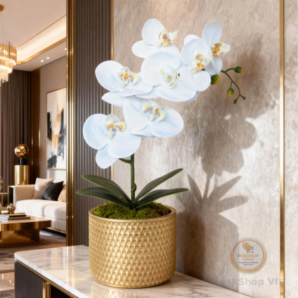 Arranjo Orquídea Toque Aparência Real Siliconada Vaso Rattan Dourado