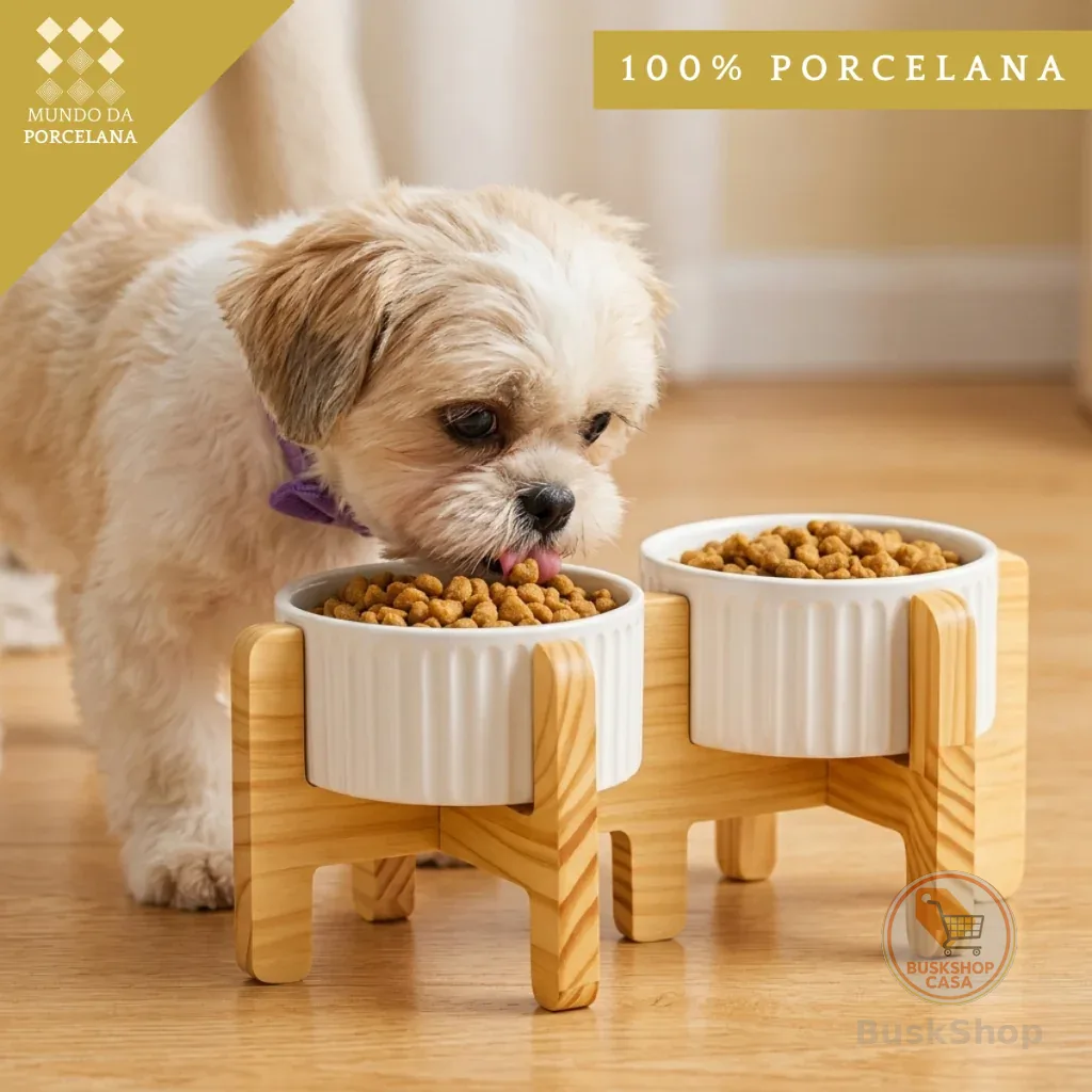 Comedouro e Bebedouro Pet Elevado Duplo Porcelana 320ml Pote Ração Água