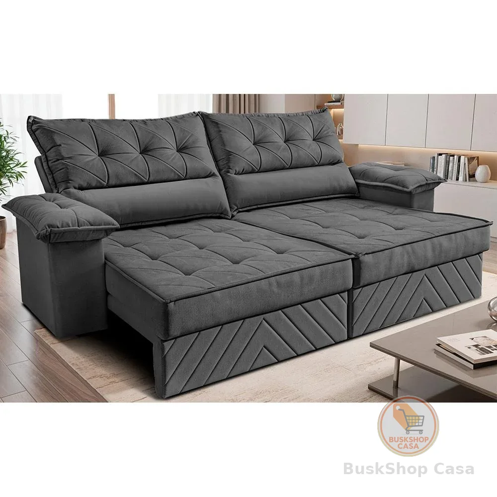 Sofá Retrátil e Reclinável 2,40m com Molas e Espuma D33 Thunder Velusoft Cinza Cama inBox