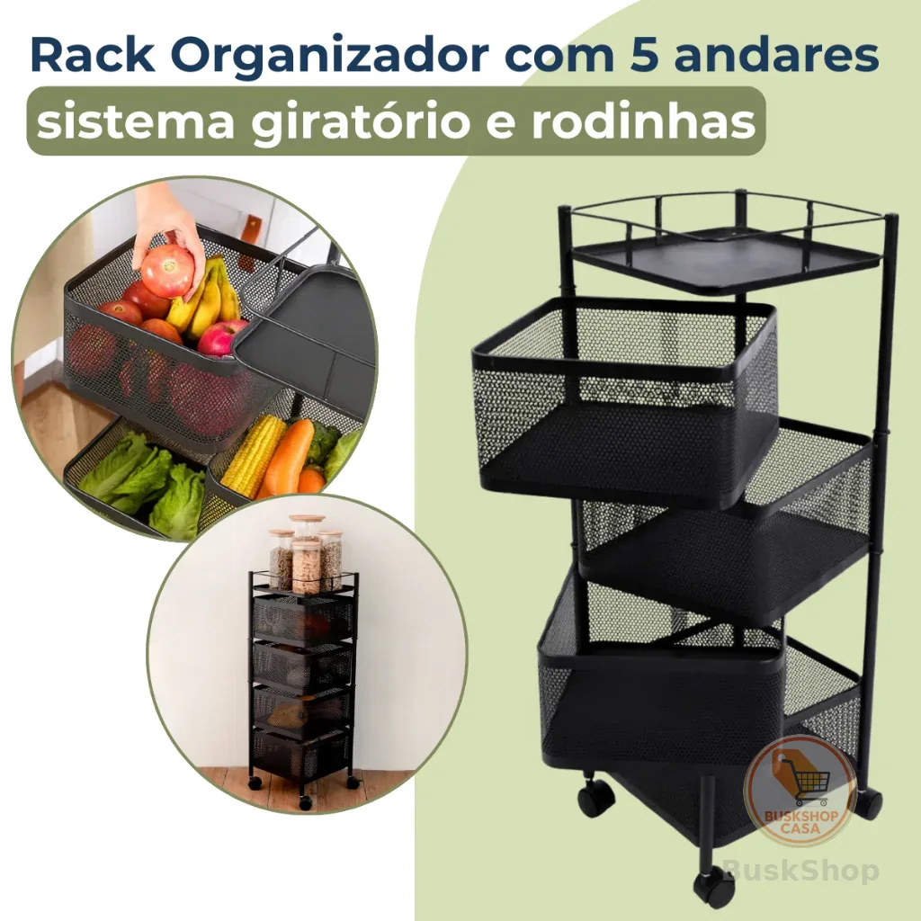 Organizador Fruteira Cesto Giratório 5 Andares Com Rodinhas Casa Cozinha