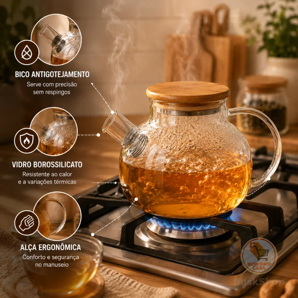 Chaleira de Vidro Borossilicato para Fogão com Filtro Inox e Tampa de Bambu 1000ml