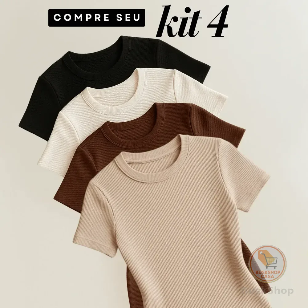 Kit 4 Blusas Feminina Ribana Canelado Estilosa Básica Casual Preto, Branco, Marrom E Nude Lisa Gg/exg (44/48)