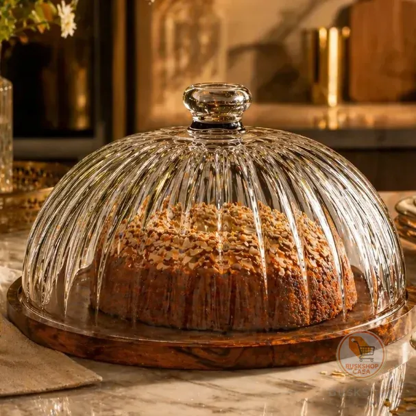 Porta Bolo Boleira 29cm de Cristal Base Madeira Montecarlo Hauskraft