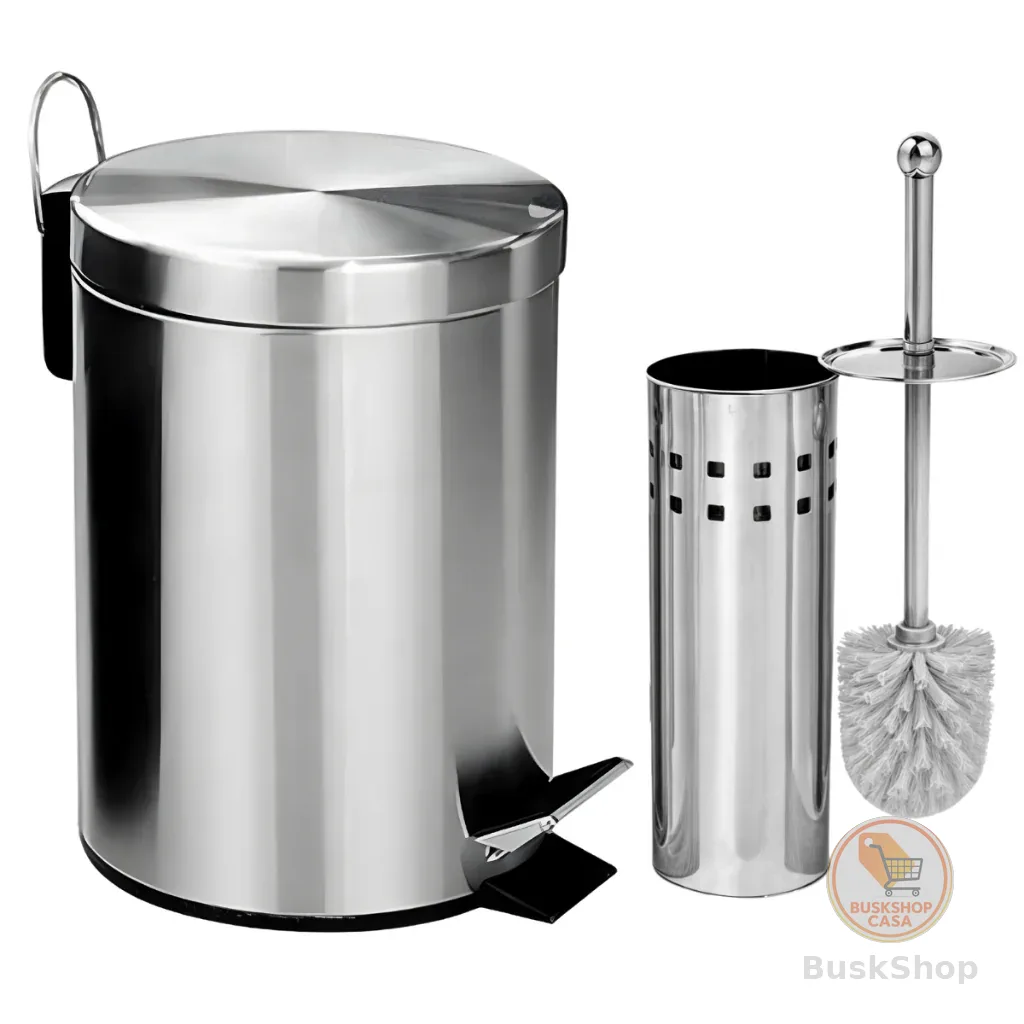 Lixeira Banheiro Inox Pedal Cozinha + Escova Sanitária Inox Com Suporte