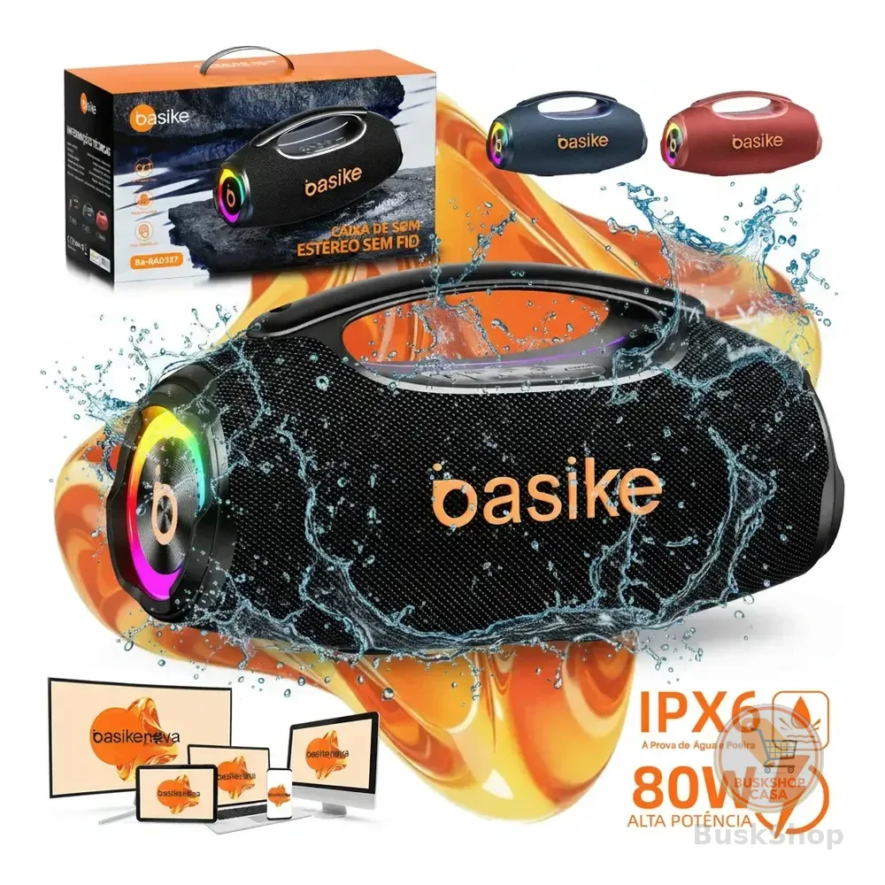 Basike Caixa De Som Boombox Plus 80w 8000mah 10hrs Portátil Bluetooth 5.3 Sem Fio Ipx6 À Prova D'água Com Luz Rgb Hifi... 6v Preto