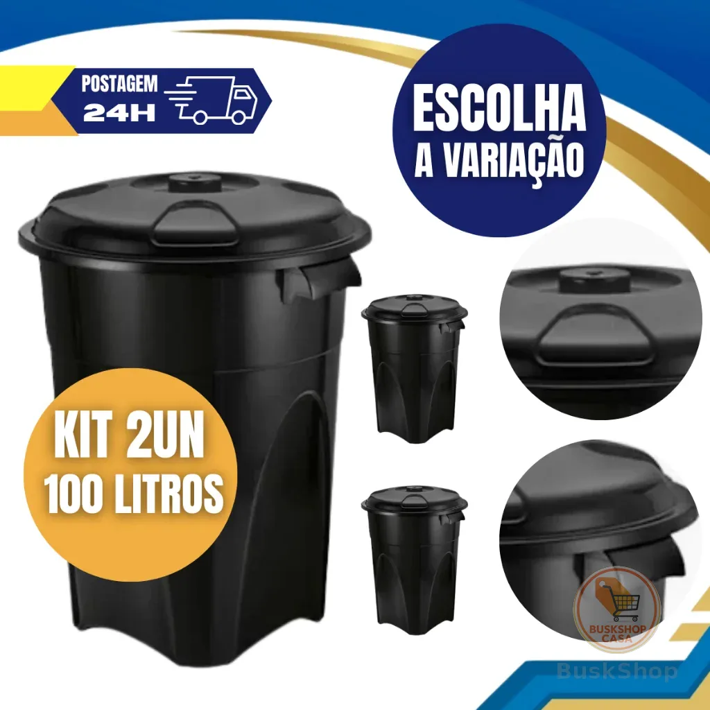 Cesto de Lixo Lixeira 100 Litros Preta com Tampa Cozinha