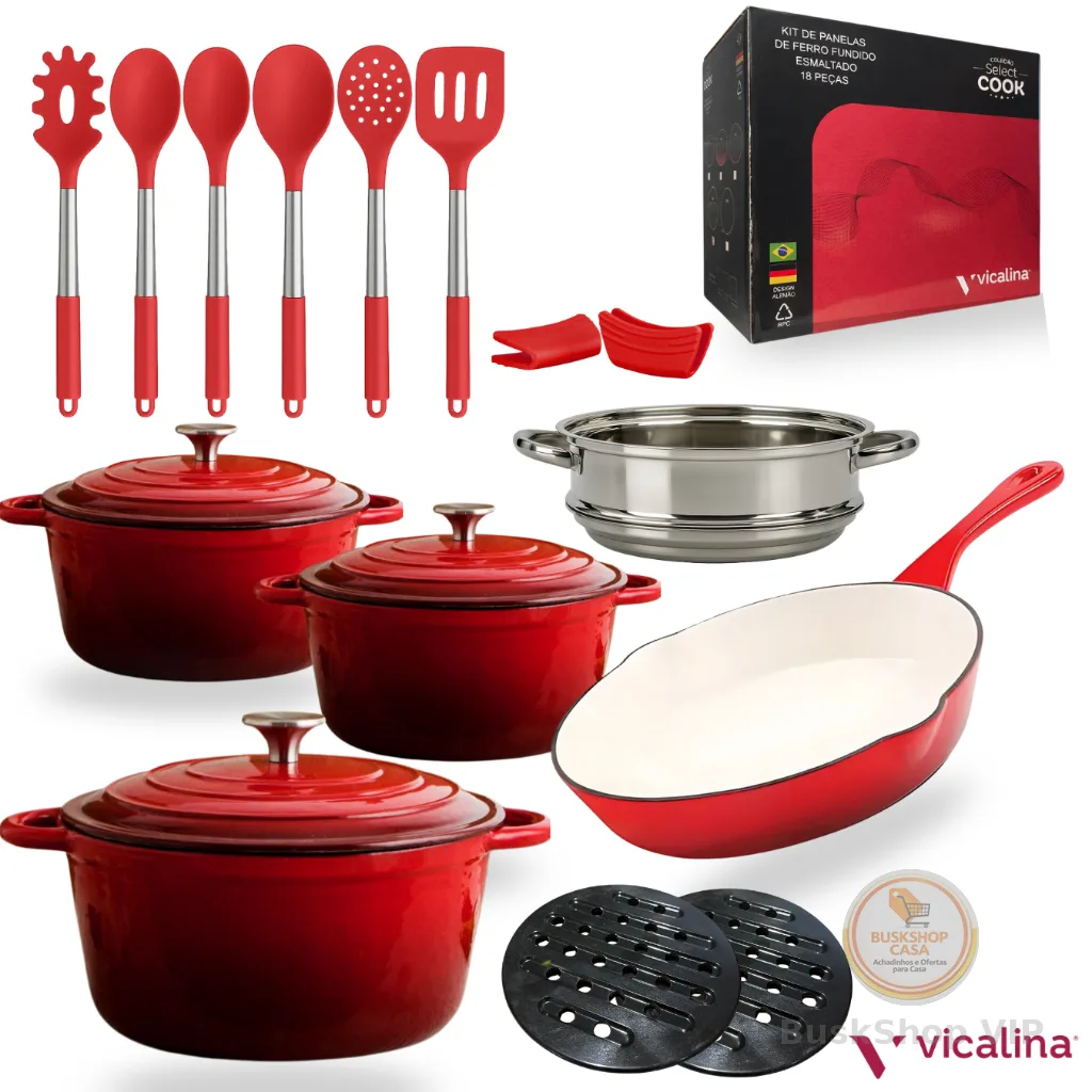 Vicalina kit jogo conjunto de panelas de ferro esmaltadas luxo para fogão indução 18 peças