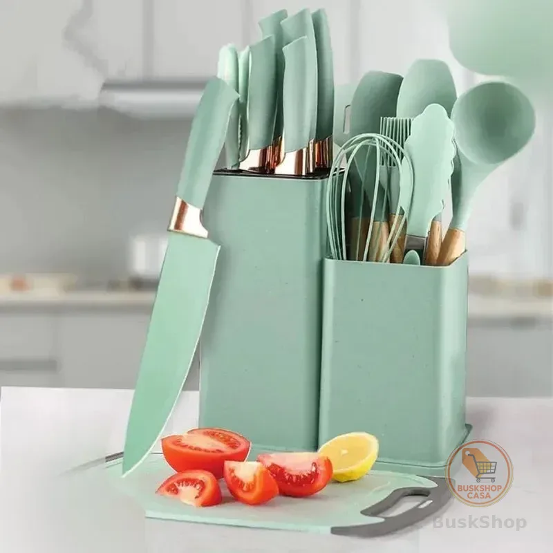 Kit 19 Utensílios Para Cozinha Com Tábua E Espátula Verde