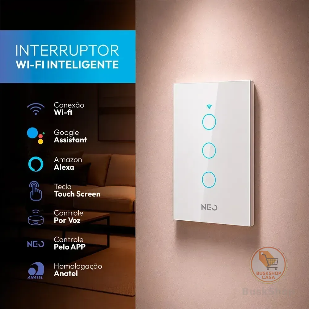 Interruptor Inteligente Smart Wi-fi 2.4 Ghz Alexa Google 3 Botões 4x2 Bivolt Branco Cod: 291990392 Neo Avant Branco 3 127/220v