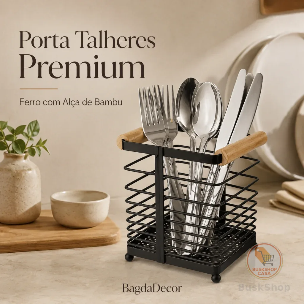 Porta Talheres de Ferro com Alça Bambu - Design Moderno, Resistente, Compacto e Pronto Entrega
