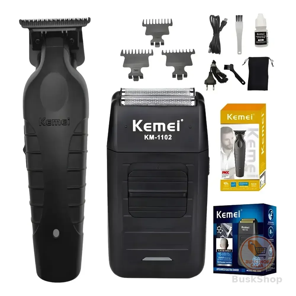Kit Kemei Máquina De Corte Km-2299 E Acabamento Km-1102 Bivolt Preto 5v