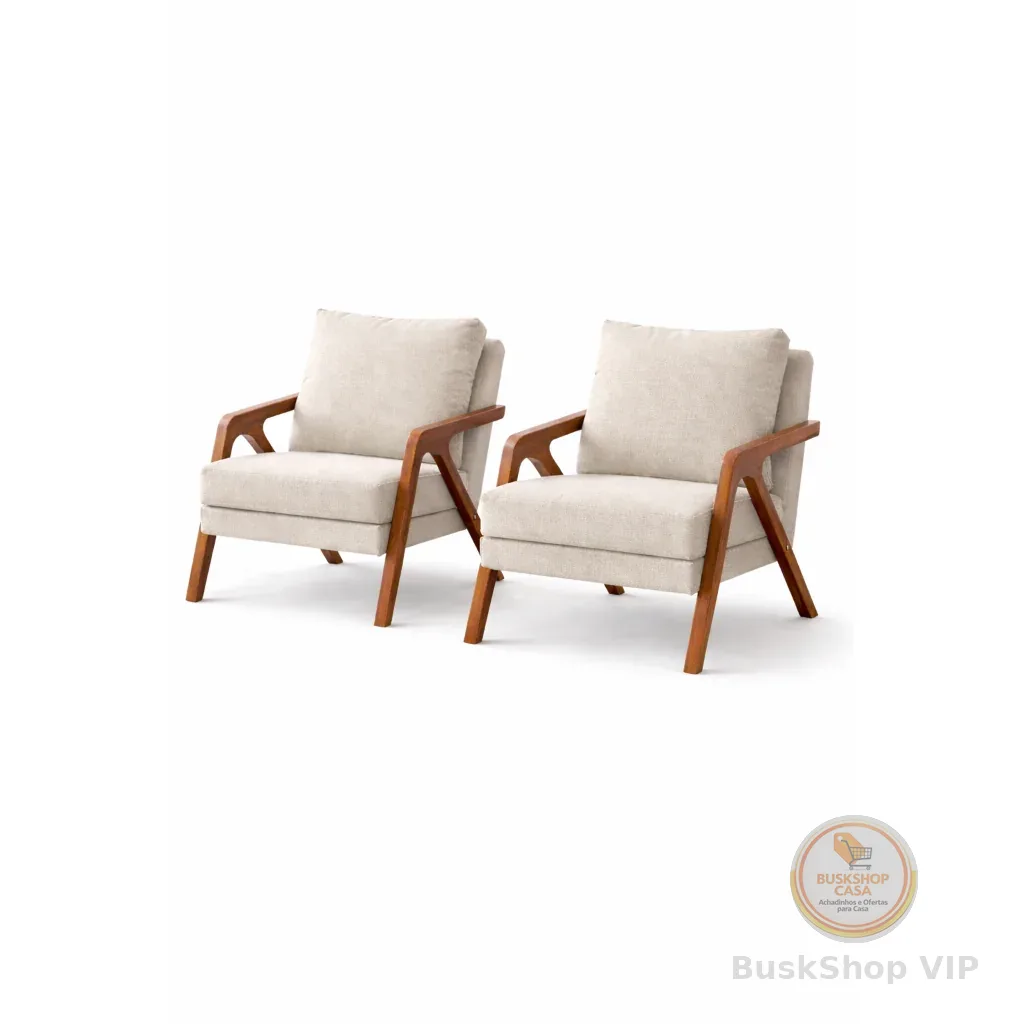 Kit 2 Poltronas Decoração Mona Linho Pés Madeira Para Sala Várias Cores Sala Estar Recepção Escritório - JPVG